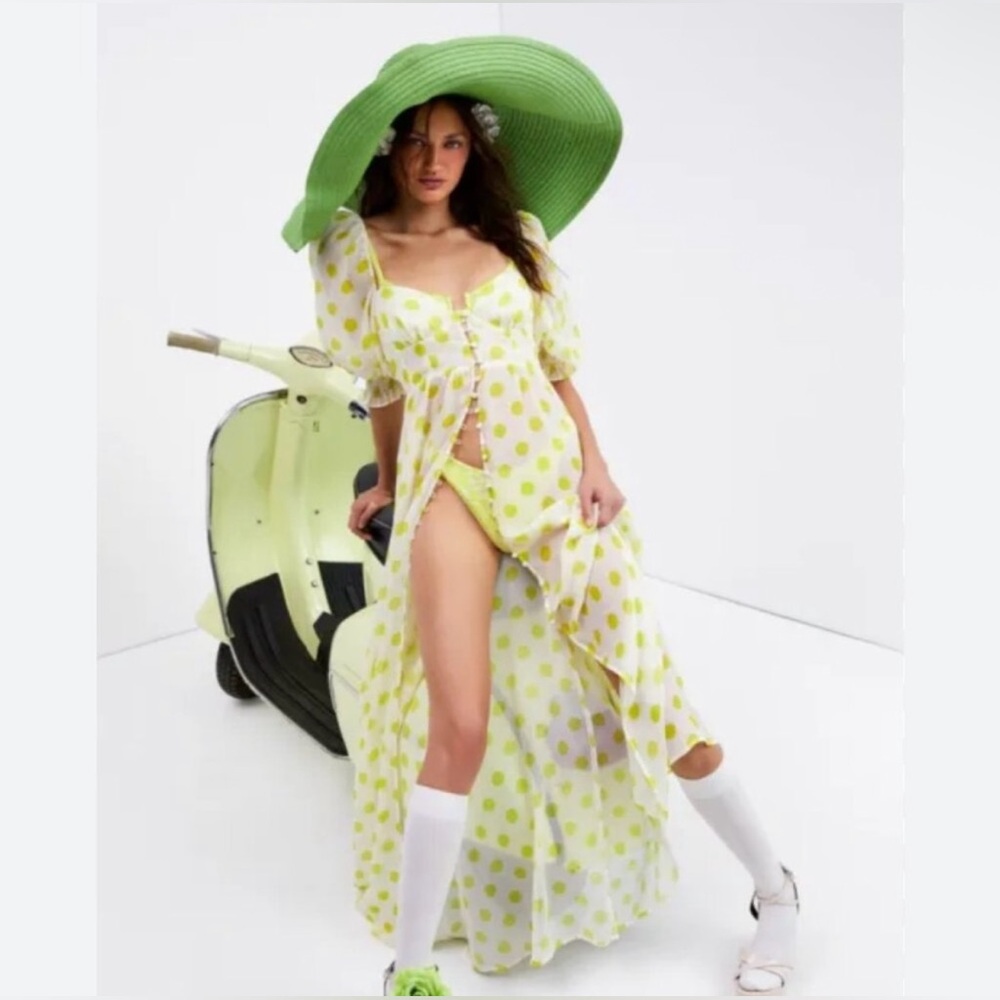 For Love & Lemons Megan Maxi Dress Cover Up Yellow Polka Dot